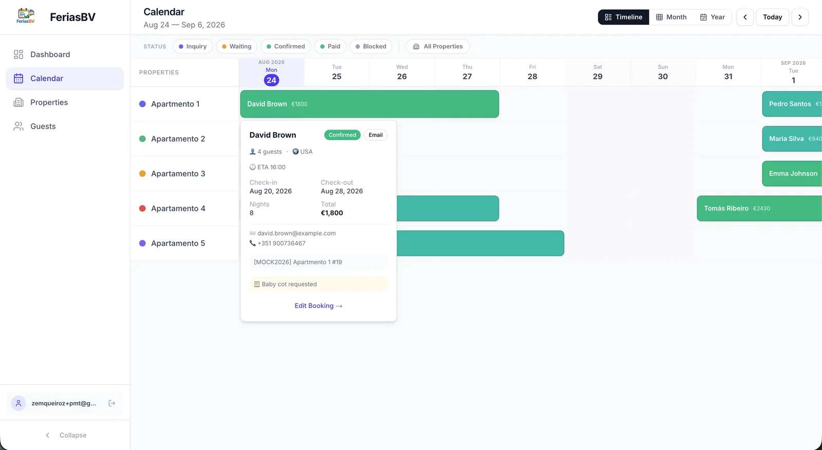 Férias BV timeline calendar with booking details